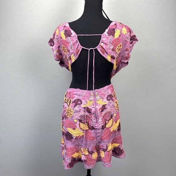 Maeve Embroidered Beaded Mini Dress Pastel Open Back Cap Sleeve Anthropologie 16 - Picture 6 of 11